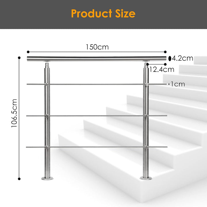 Sonnewelt Edelstahl-Handlauf Geländer für Treppen Brüstung Balkon Ø 42mm,mit 3 Querstreben (150cm, 3