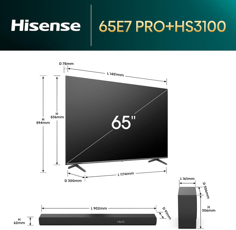 Hisense Bundle of 65E7NQ Pro 164 cm (65 Zoll) Fernseher, 4K UHD, QLED, Smart TV, Total HDR, Dolby Vi