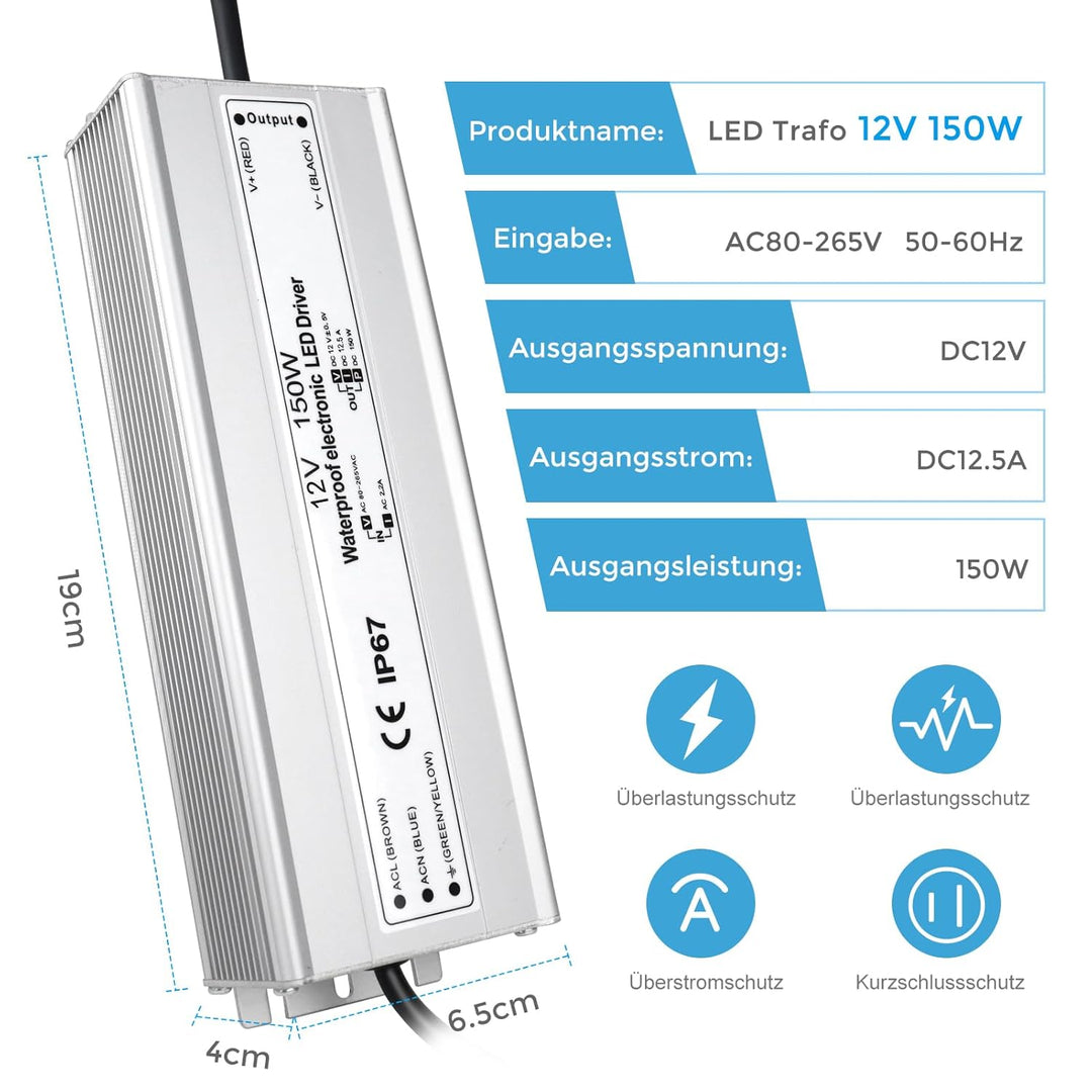 LED Trafo 12V 150W IP67, Outdoor Wasserdicht Transformator mit Stecker, LED Netzteil Treiber 230V au