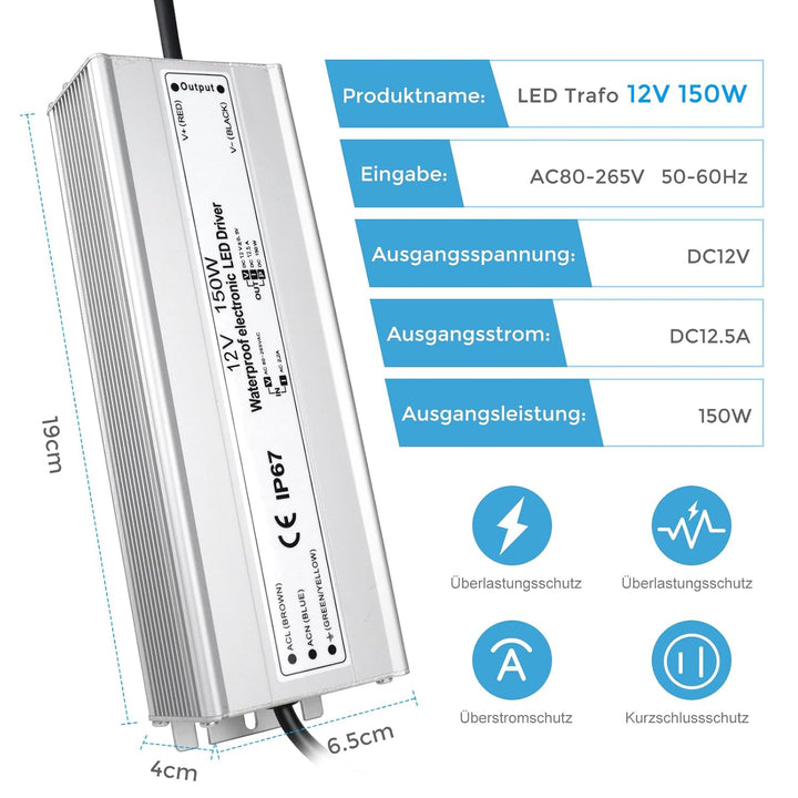 LED Trafo 12V 150W IP67, Outdoor Wasserdicht Transformator mit Stecker, LED Netzteil Treiber 230V au