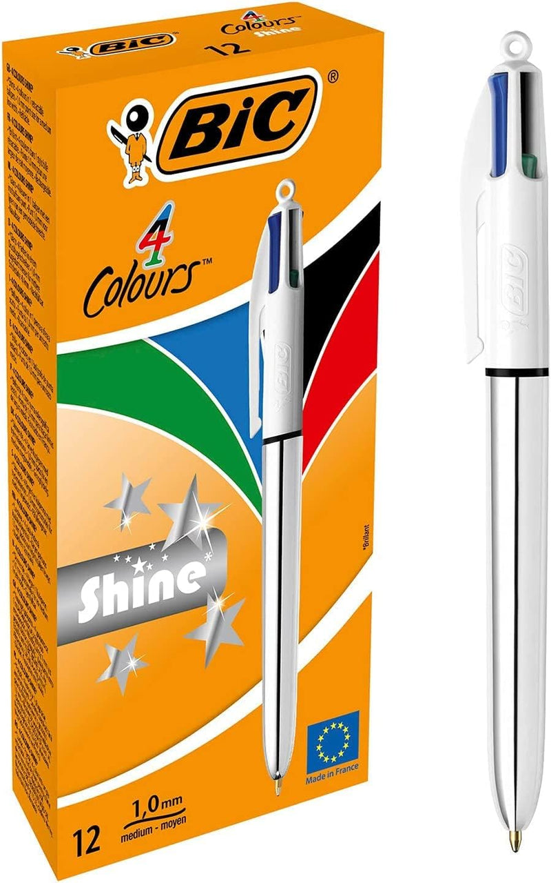 BIC 4 Farben Kugelschreiber Set 4 Colours Shine, in Silber, 12er Pack, Ideal für das Büro, das Home