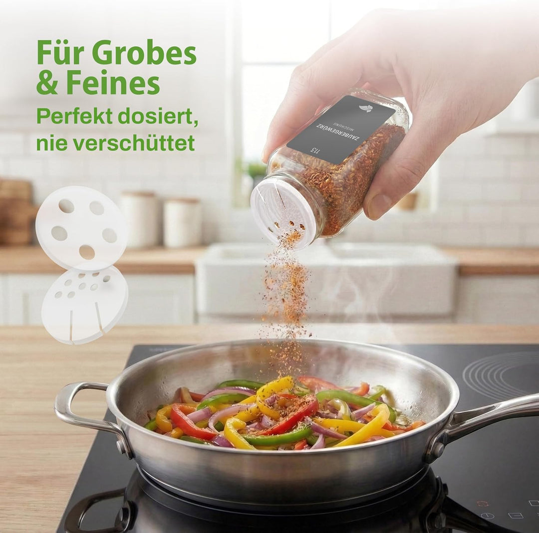 LAEVU Gewürzgläser eckig - 24er Gewürzgläser Set aus Glas [120 ml] - Gewürzgläser mit Streueinsatz i