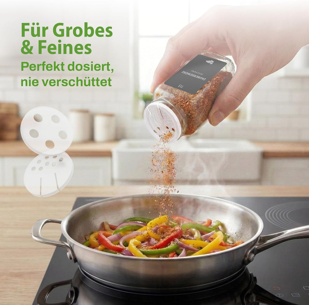 LAEVU Gewürzgläser Set Eckig | 24 Stk. 120ml - 11,1 x 4,5 cm | Gewürzstreuer Bambus mit 350 Gewürzet