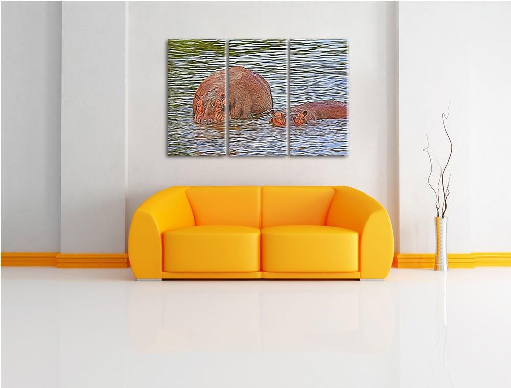 zwei Flusspferde im hohen Wasser NewArt 3-Teiler Leinwandbild 120x80 Bild auf Leinwand, XXL riesige