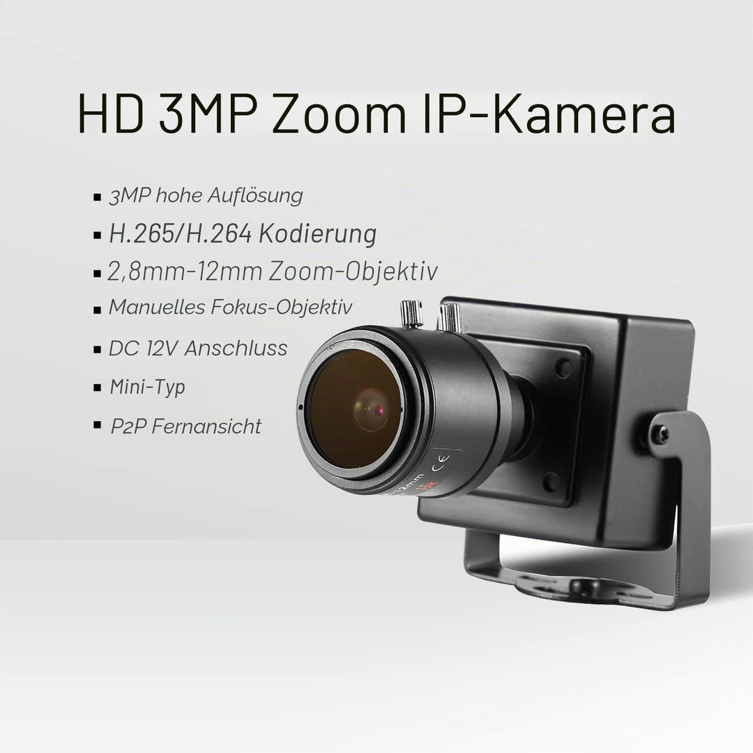 Revotech 3MP Zoom Mini IP Sicherheits Kamera, HD 3MP Innenkamera 2,8-12 mm Manuelles Zoomobjektiv, P