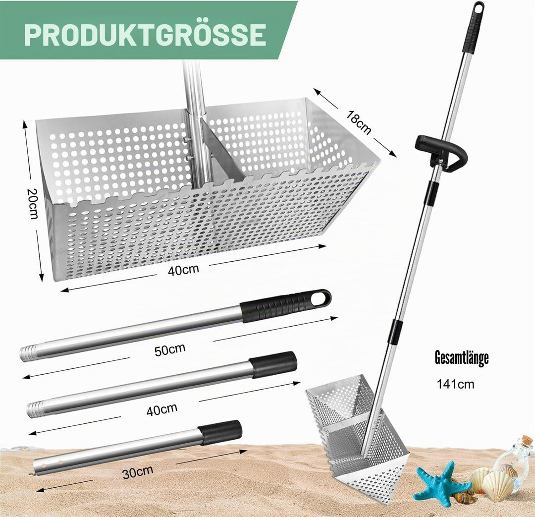 Sandflohharke, Sandsieb gross aus Edelstahl, Abnehmbarer 140 cm Langer Stiel Sand-Sieb mit rutschfes