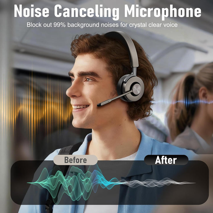 Beebang Bluetooth Headset mit Mikrophone, Kabelloses Headset für PC Laptop, 32h Gesprächszeit, USB A