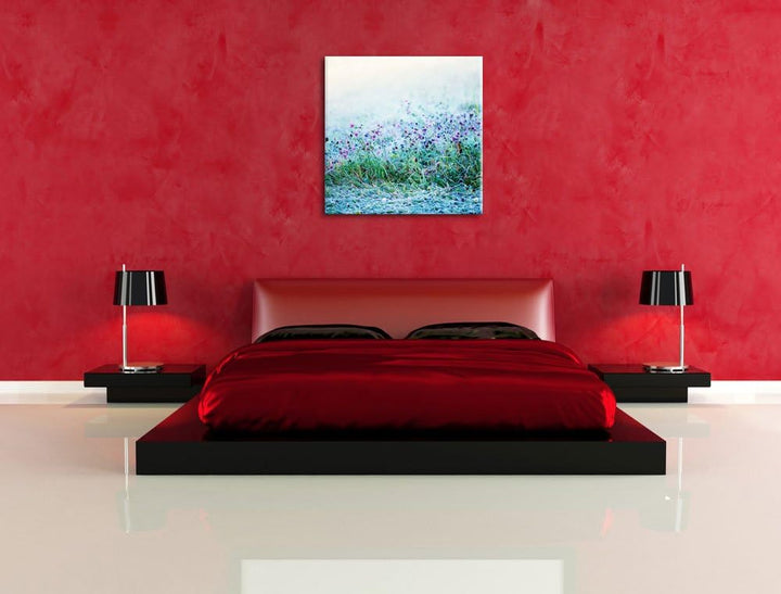 Pixxprint Lila Distel Feld im Retro Look als Leinwandbild | Grösse: 70x70 cm | Wandbild | Kunstdruck