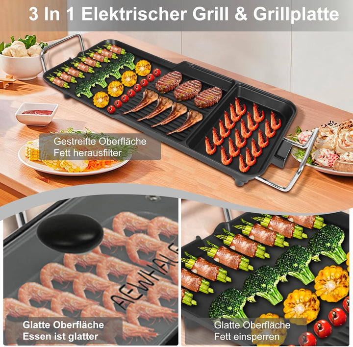 AEWHALE 3-in-1 Grillplatte Elektrisch, 2000 W, Tischgrill Elektrisch für Drinnen und Draussen mit An