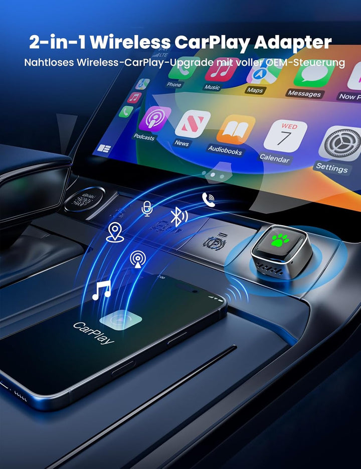CarPlay Wireless Adapter für Apple 2026 Upgrade, Wired zu Wireless CarPlay, USB & Type-C Dual-Port,