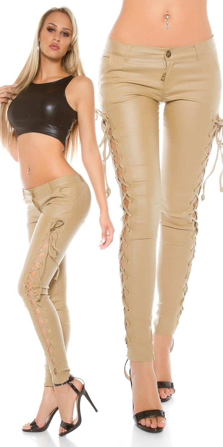 Koucla Lederlook Skinny Hose mit Schnürung - Lederoptik Low Cut Pants Leggings Schwarz Beige Rot Wei