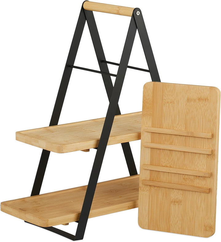 Relaxdays Etagere, 3 Etagen, Bambus, Metall, länglich, Griff, Kuchen, HBT 42x41x16,5 cm, Servierstän