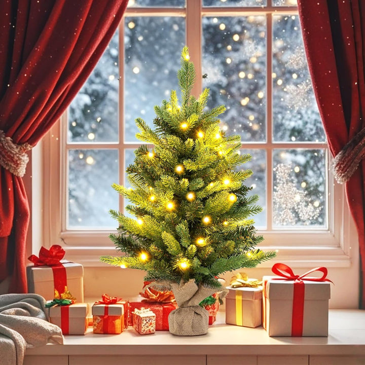 COSTWAY 60 cm künstlicher Weihnachtsbaum mit Beleuchtung, Kleiner Tannenbaum, Tisch-Weihnachtsbaum m