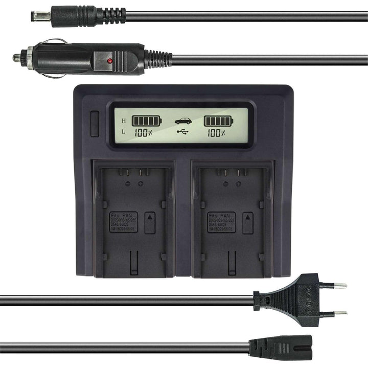 Dual Akku-Ladegerät kompatibel mit Panasonic VW-VBD29, VW-VBD58, VW-VBD78 - mit USB-Anschluss, LCD-D