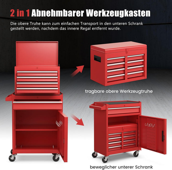 GYMAX Werkstattwagen mit 5 Schubladen, 2 in 1 Werkzeugschrank mit Haken, verstellbarem Regal & Unive