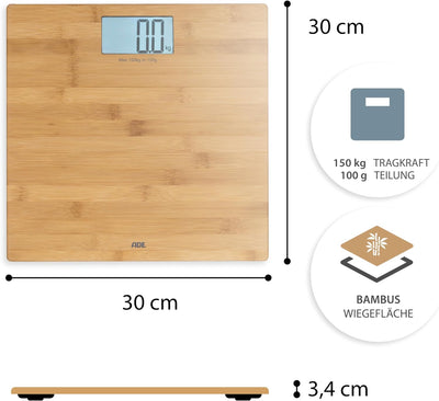 ADE Digitale Personenwaage BE 925 Martina. Elektronische Badezimmerwaage mit Wiegefläche aus echtem