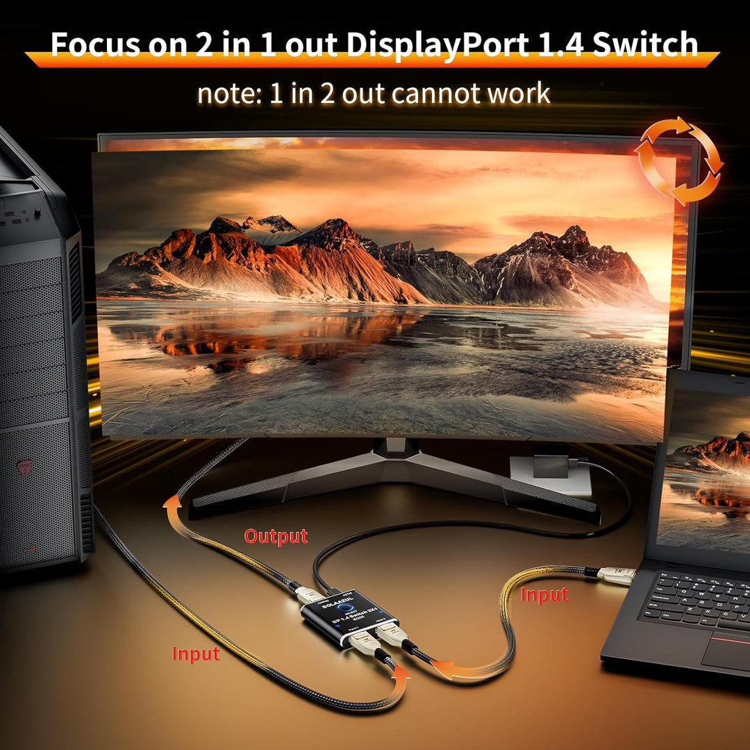 BolAAzuL 8K DisplayPort Switch 2 in 1 Out, Displayport 1.4 Switcher 2-Port, unidirektionale DP Switc