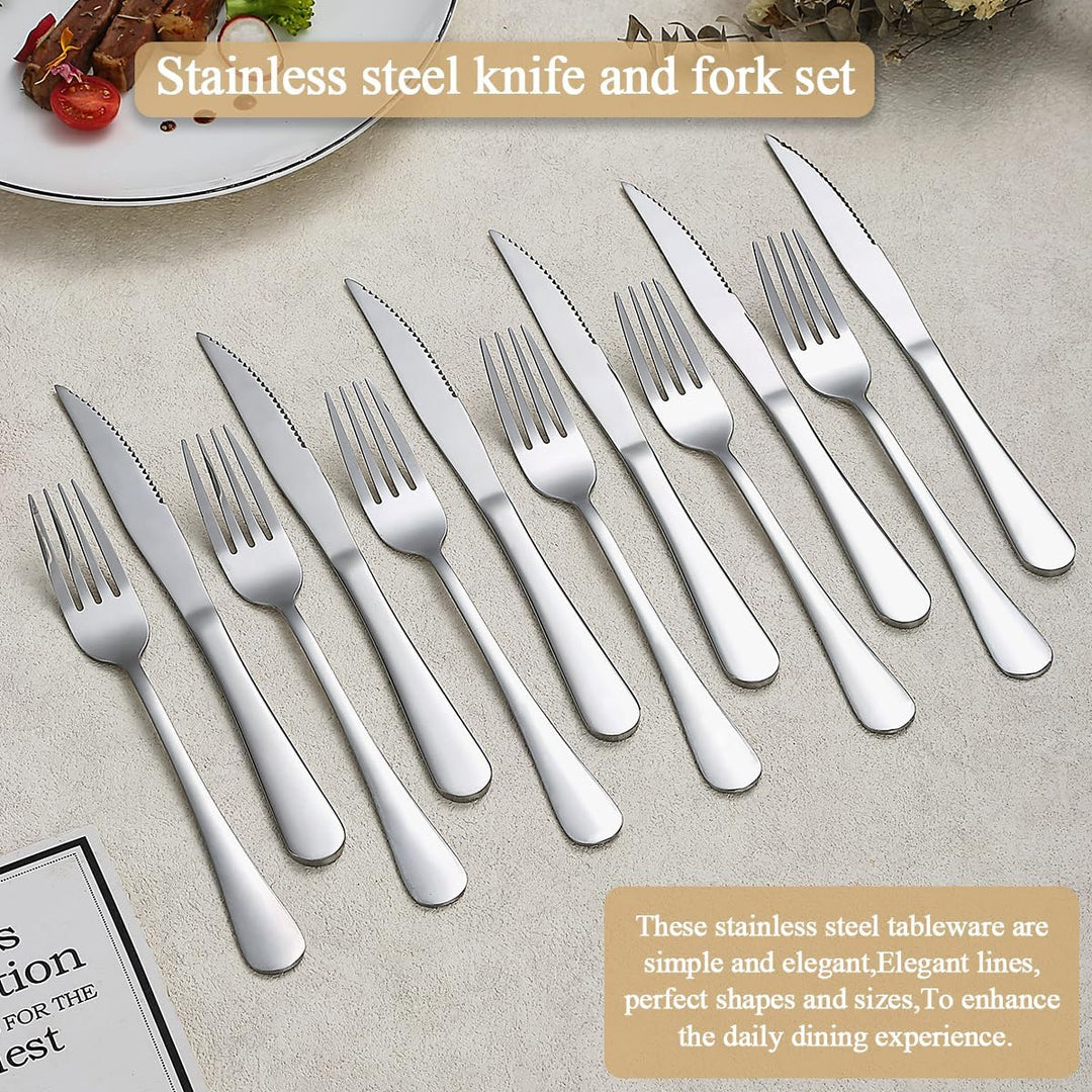 Evanda Steakbesteck 24 teilig, Edelstahl 12 Tafelgabeln und 12 Tafelmesser Set, Steakmesser Steakgab