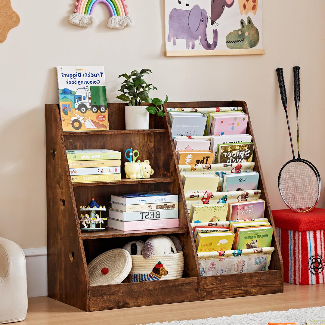 Kinder Bücherregal mit 5 Bücherdisplays und 4 Ablagefächer, Gross Braun Kinderregal Büchergestell fü