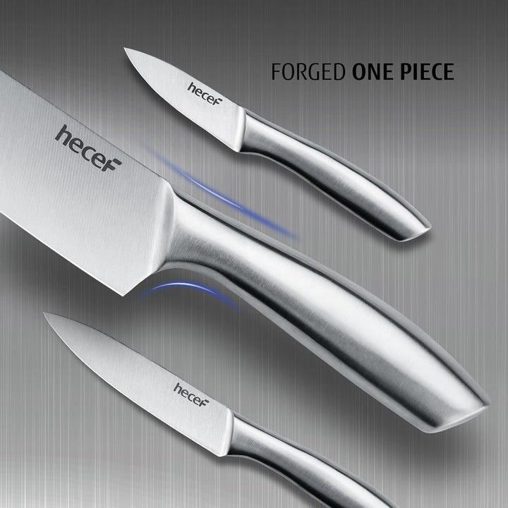 hecef 5-tlg Messerset, Scharfes Küchenmesser Set, Alles in Edelstahl Silber Schneidemesser, Chefmess