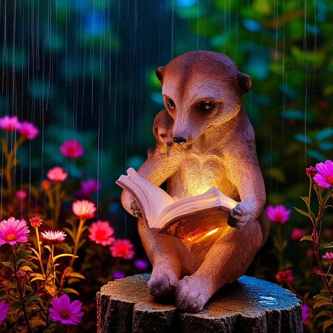 Kremers Schatzkiste Solar Erdmännchen Mama liest Kind vor Figur Gartenfigur 20 cm Meercat Tierfigur