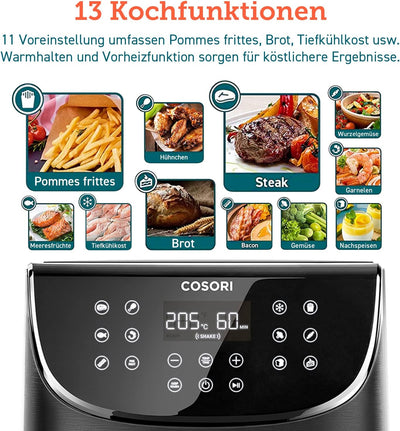 COSORI Heissluftfritteuse XL, Heissluftfriteuse mit 13 Programmen, Airfryer 1,2kg für 1-3 Personen m