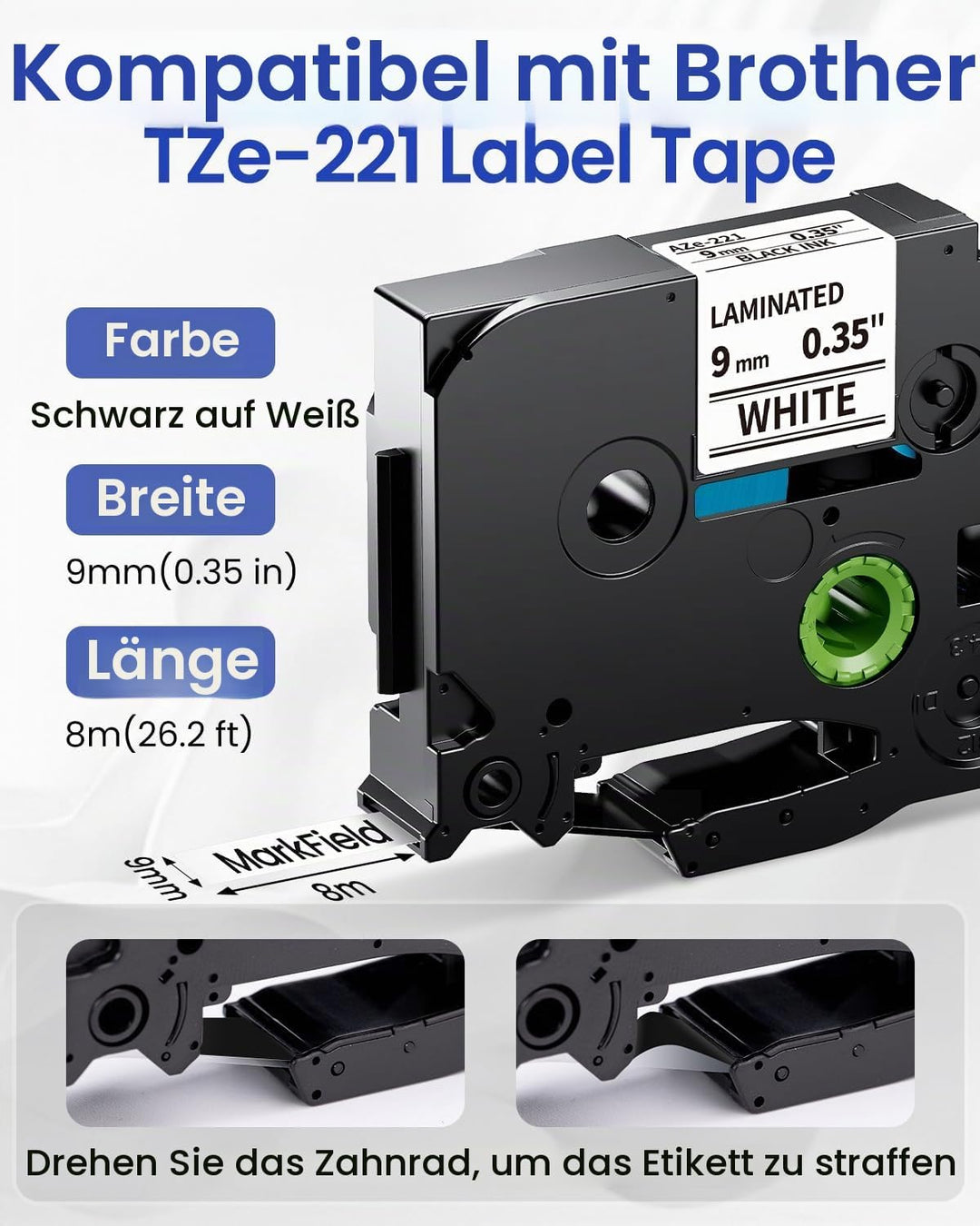 MarkField TZe-221 9mm Schriftband Kompatibel mit Brother P touch Bänder Schwarz auf Weiss TZ TZe221