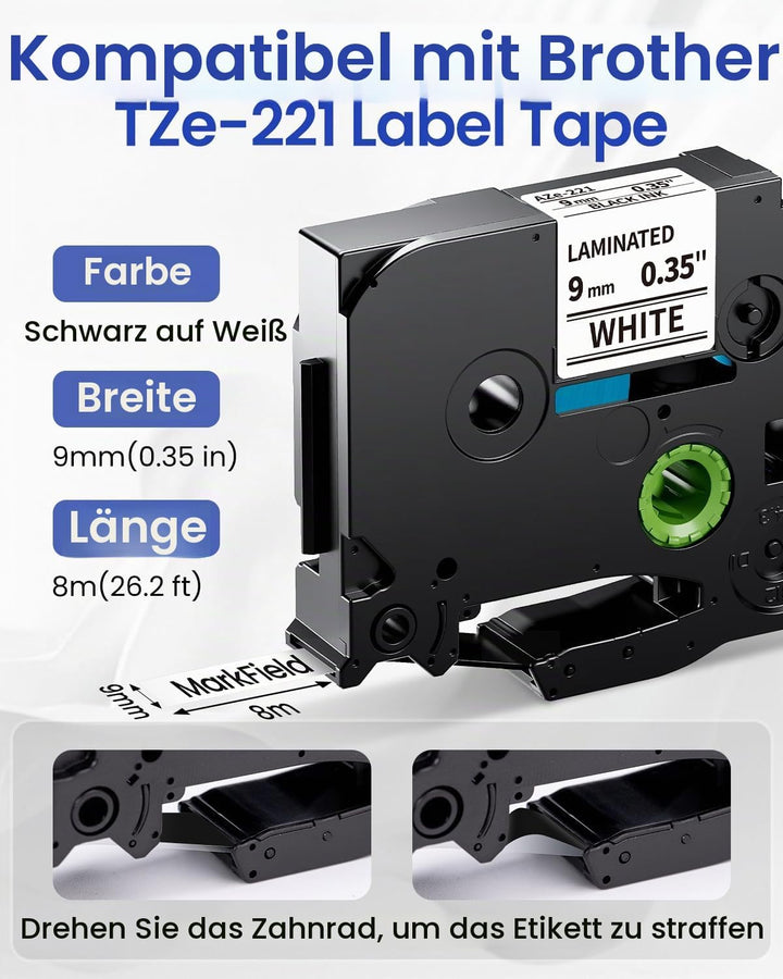 MarkField TZe-221 9mm Schriftband Kompatibel mit Brother P touch Bänder Schwarz auf Weiss TZ TZe221