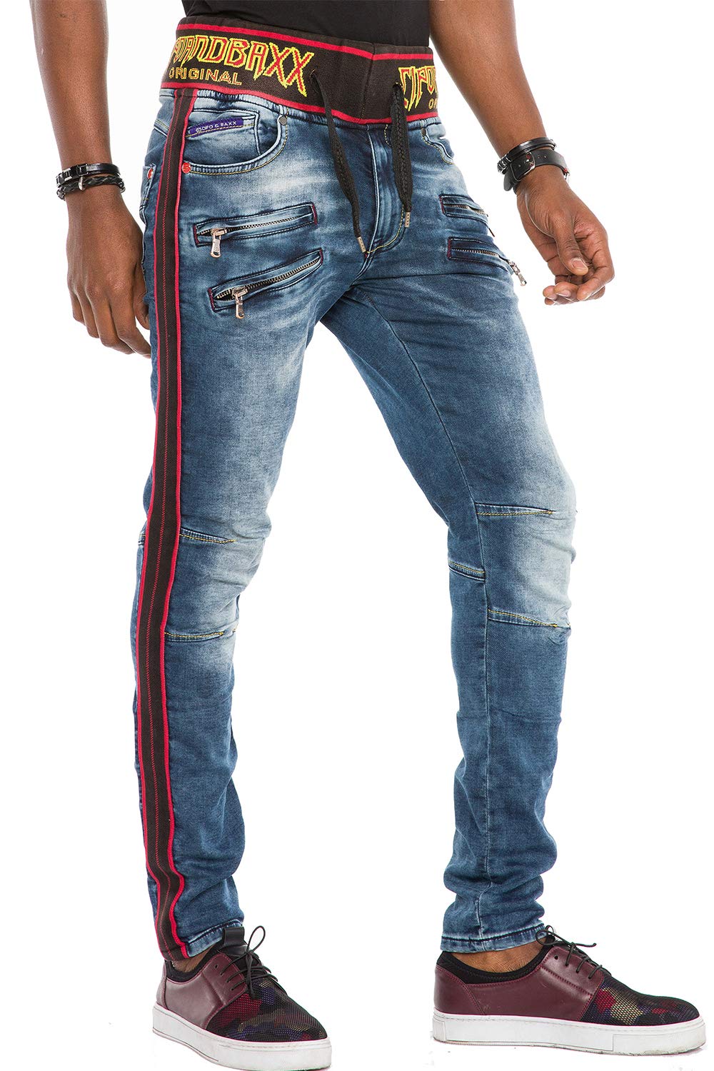 Cipo & Baxx Herren Ausgefallene Jeans Hose Fashion Used Design Pants gestreift mit Gummibund Blau W3
