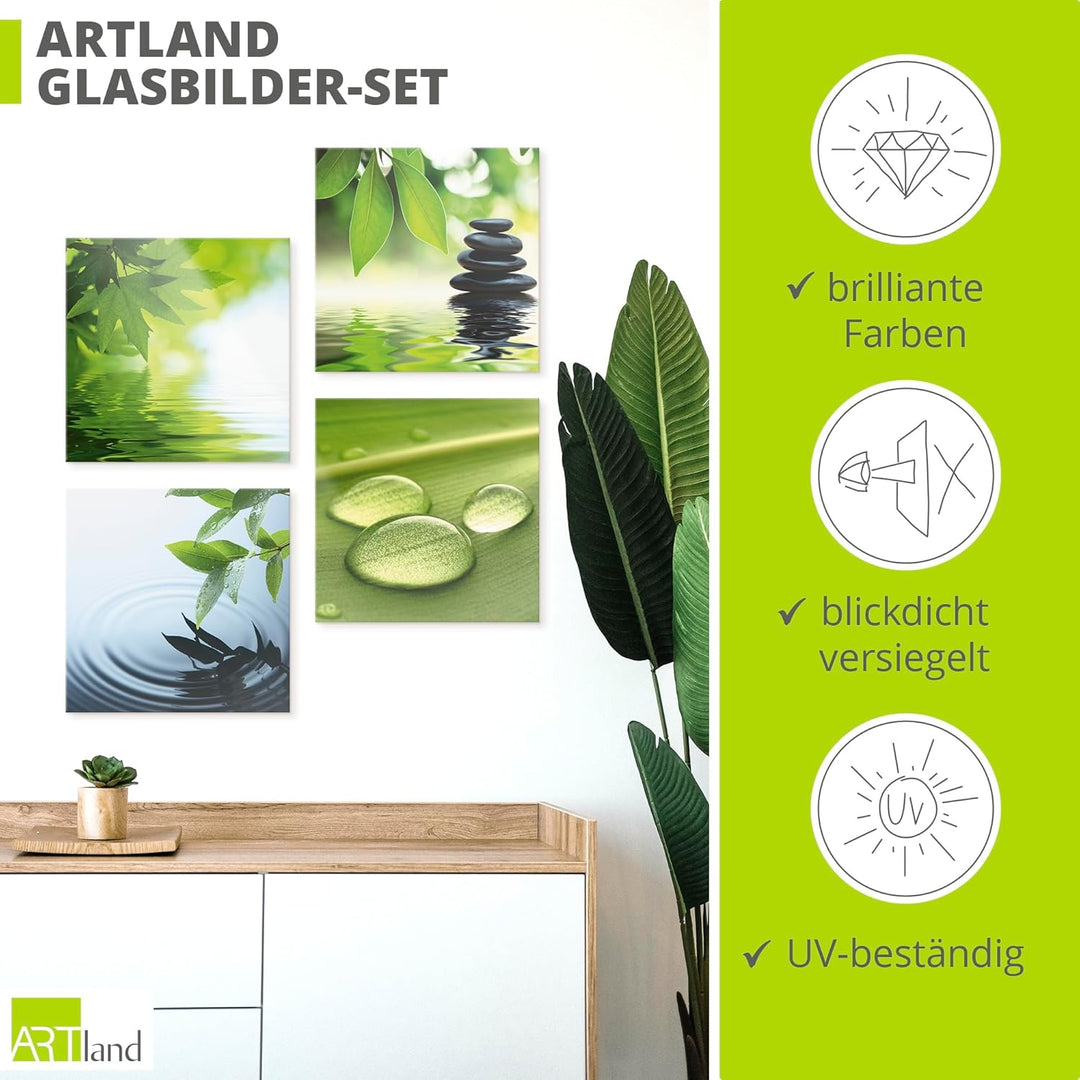 ARTland Glasbild Wandbild Glas Bild 4er Set 4 teilig je 40x40 cm Wellness Entspannung Zen Wasser Grü