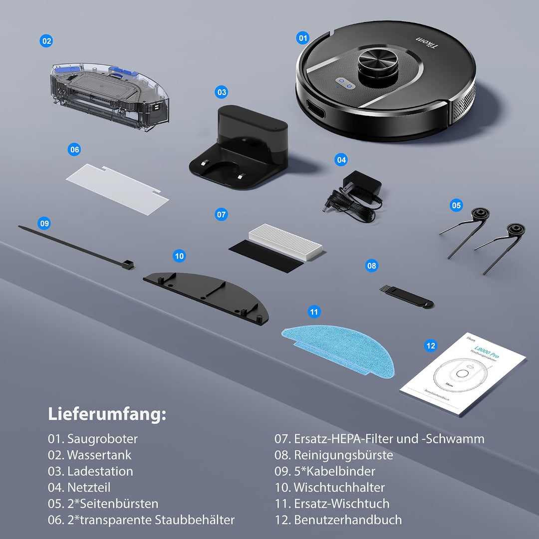 Tikom Saugroboter mit Wischfunktion, 6000Pa Staubsauger Roboter mit LiDAR Navigation, 150Min Max, AP