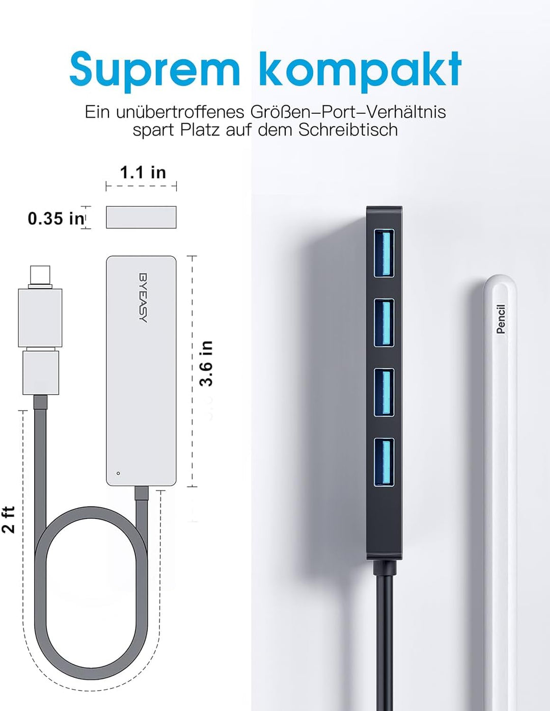 BYEASY USB HUB mit USB-C Stecker, USB C+A zu USB 3.0, Ultra Slim Multiport 4 Ports USB 3.0 Adapter f