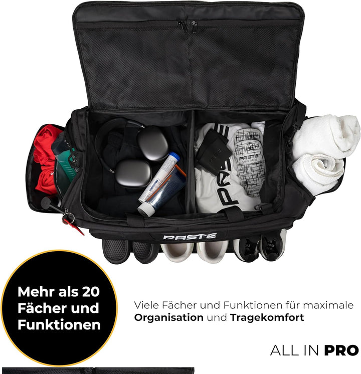 PASTE® - Premium Sporttasche 63L mit Rucksackfunktion und Kühlfunktion, Schuhfach & Nassfach Schwarz