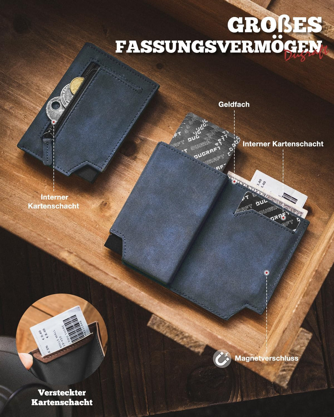 DUGRAFT Pop-up-Kartenetui aus Leder mit RFID-Schutz, Geldfach, Münztasche, ID-Fenster und Magnetvers