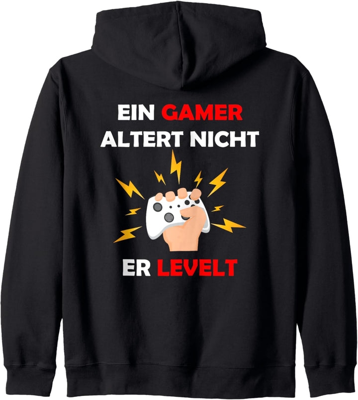 Backprint Ein Gamer altert nicht, er levelt Kapuzenjacke