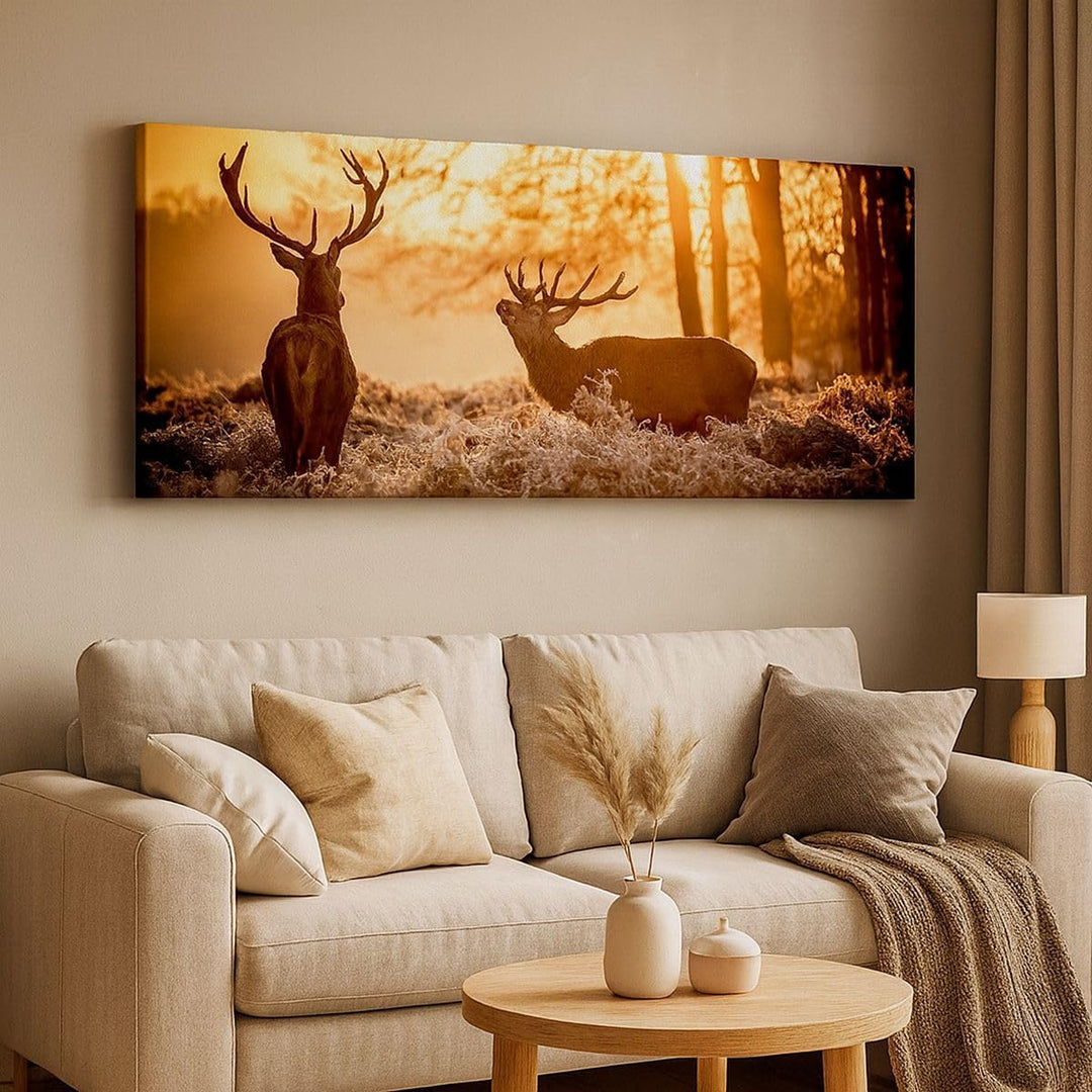 Wandbilder Dekoration Wohnzimmer Deer Heidekraut Tier Panorama Bilder auf Leinwand 120x50cm Leinwand