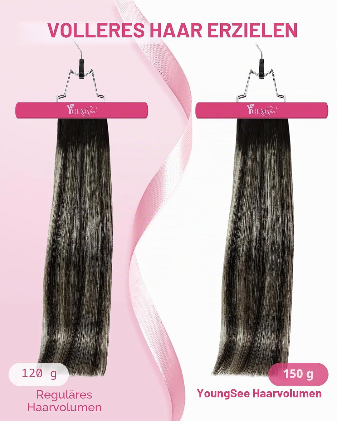 YoungSee Echthaar Extensions Clip Ombre Schwarz 7 Stück 30cm Clip in Extensions Echthaar Schwarz Bal