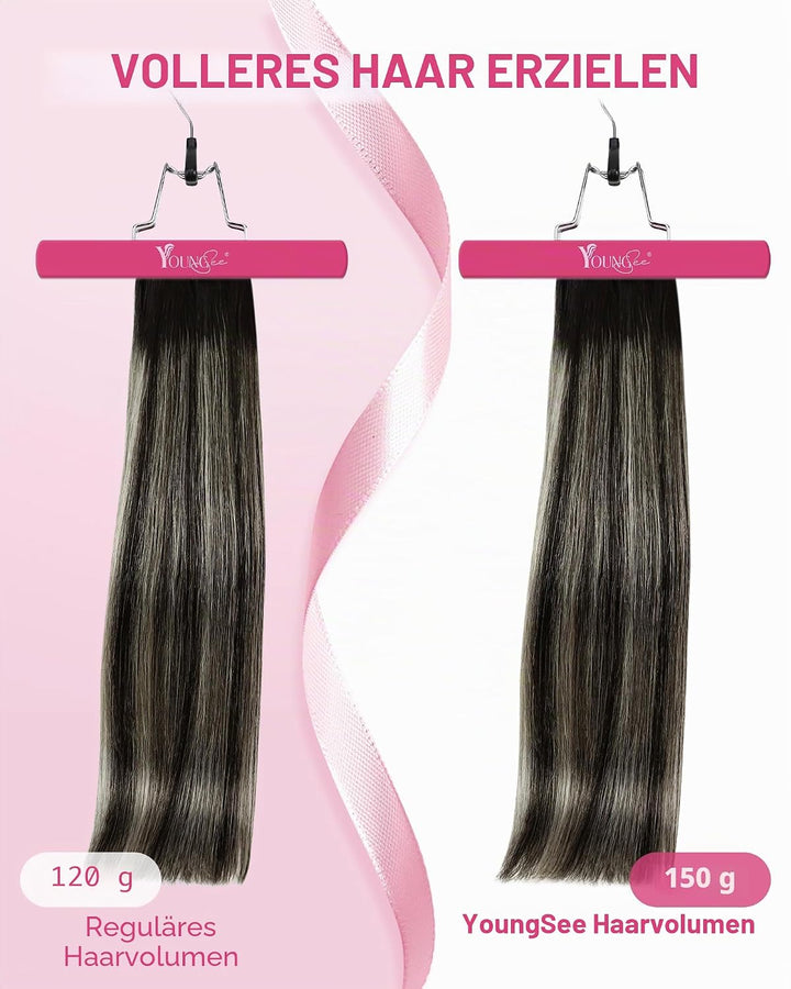 YoungSee Echthaar Extensions Clip Ombre Schwarz 7 Stück 30cm Clip in Extensions Echthaar Schwarz Bal