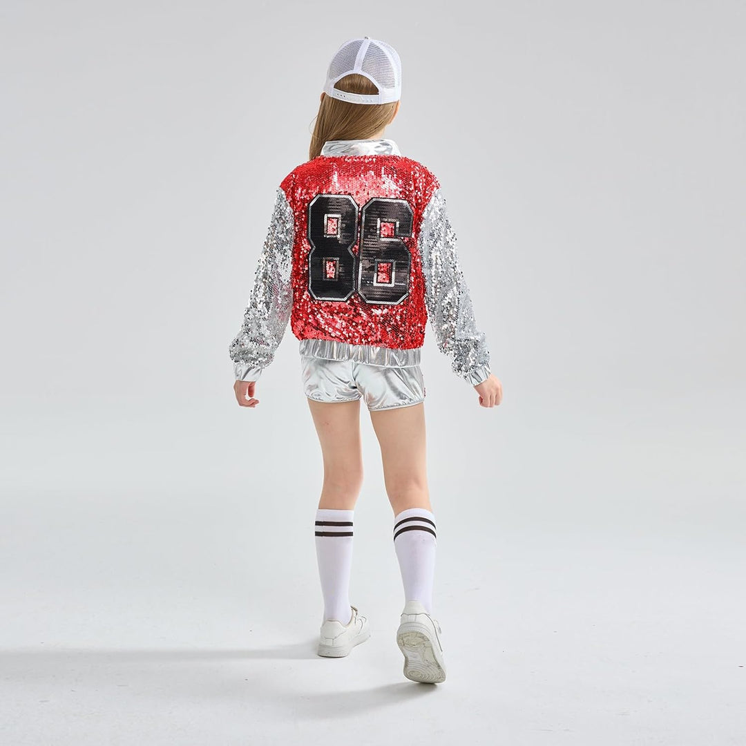 LOLANTA 4 Stück Mädchen Hip Hop Tanz Kostüm Kinder Pailletten Jazz Tanz Kleidung Set Socken angebrac