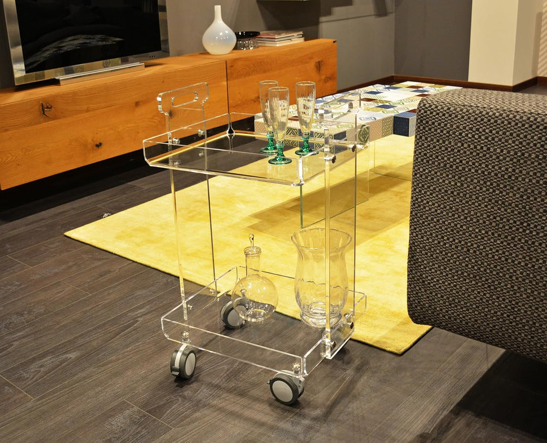 Slato Vinny Küchenwagen für Wohnzimmer und Küche mit Rädern, Vitrine mit zwei Ablagen aus Acrylkrist