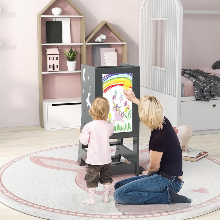 COSTWAY Lernturm kinder, 2 in 1 Tritthocker montessori mit 3 verstellbare Höhen & doppelseitiger Taf