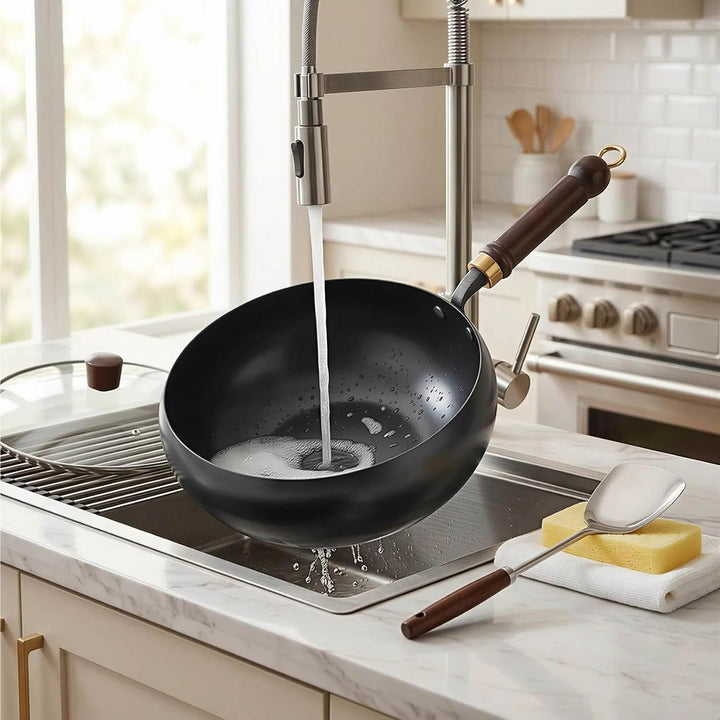 Unbeschichtete Eisenpanne,Eisen Wok, 24cm Hand-Schmiede Antikleber | Eisen Pfanne ohne Beschichtung,