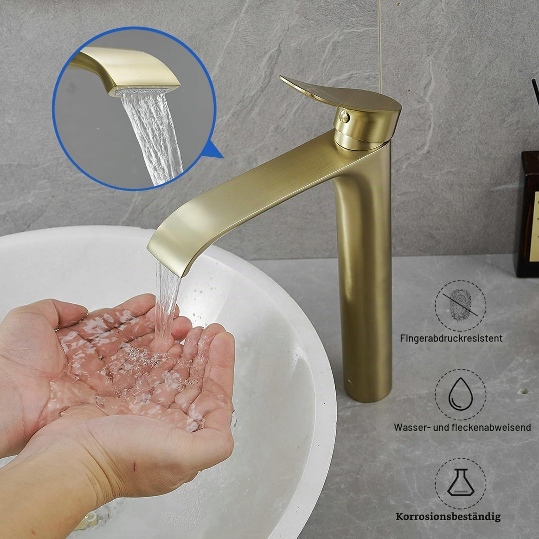 Gold Wasserhahn Bad Waschtischarmatur, Badarmatur Hoch Wasserfall Armatur für Waschbecken im Badezim