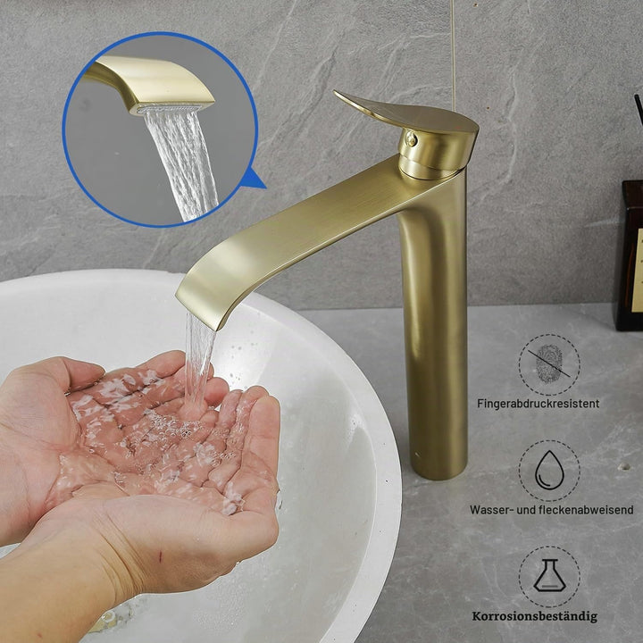 Gold Wasserhahn Bad Waschtischarmatur, Badarmatur Hoch Wasserfall Armatur für Waschbecken im Badezim