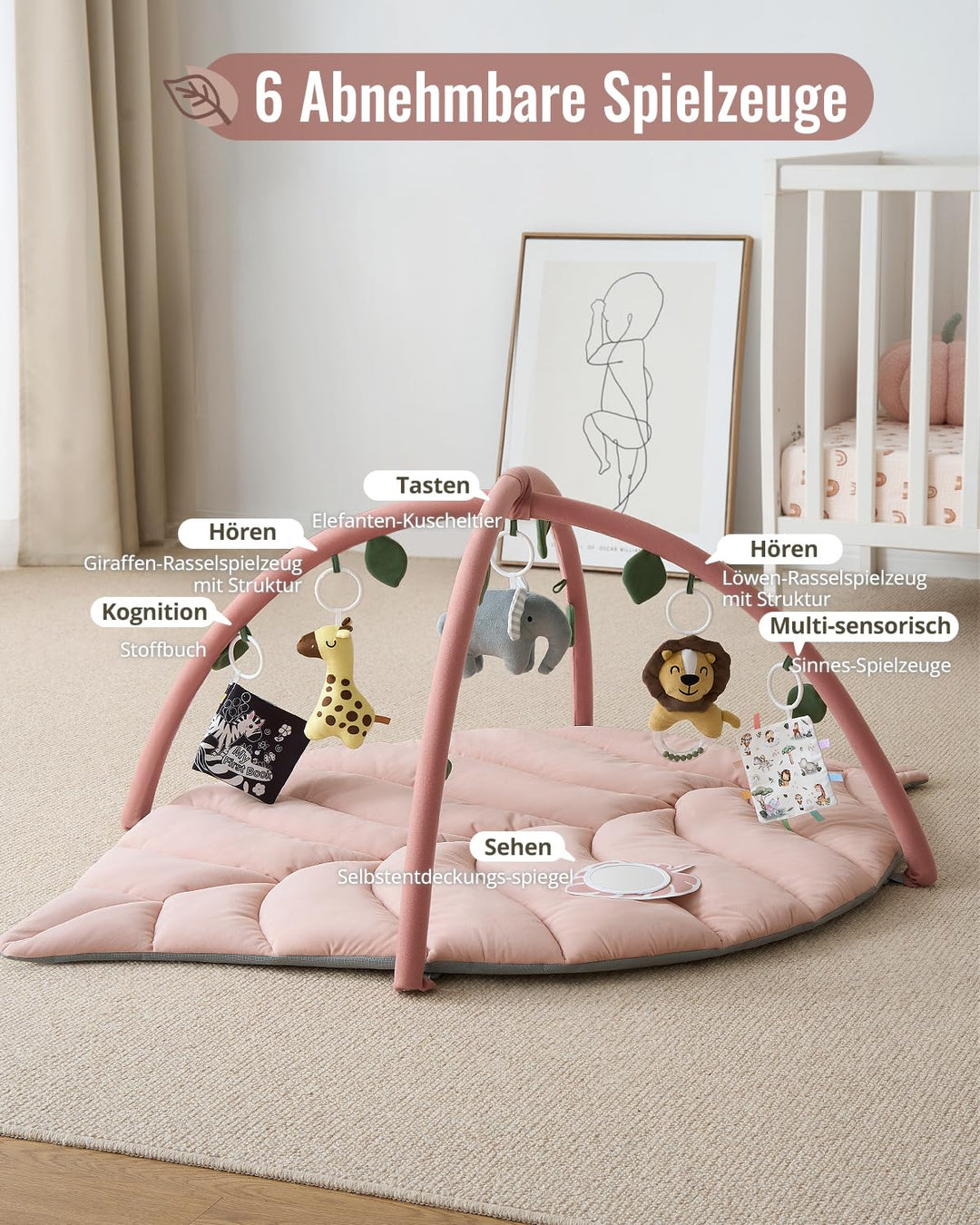 Blissful Diary Spielbogen Baby, Übergrosses Blattförmiges Spieldecke Baby Gym Activity Decke mit 6 A