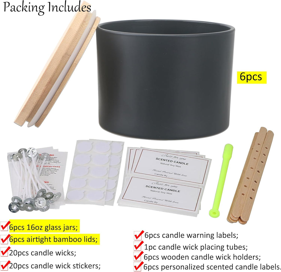 MILIVIXAY 6 Stück 473 ml Kerzengläser Mit Bambusdeckel und Kerzenherstellungs-Kits - 3 Docht-Gläser,