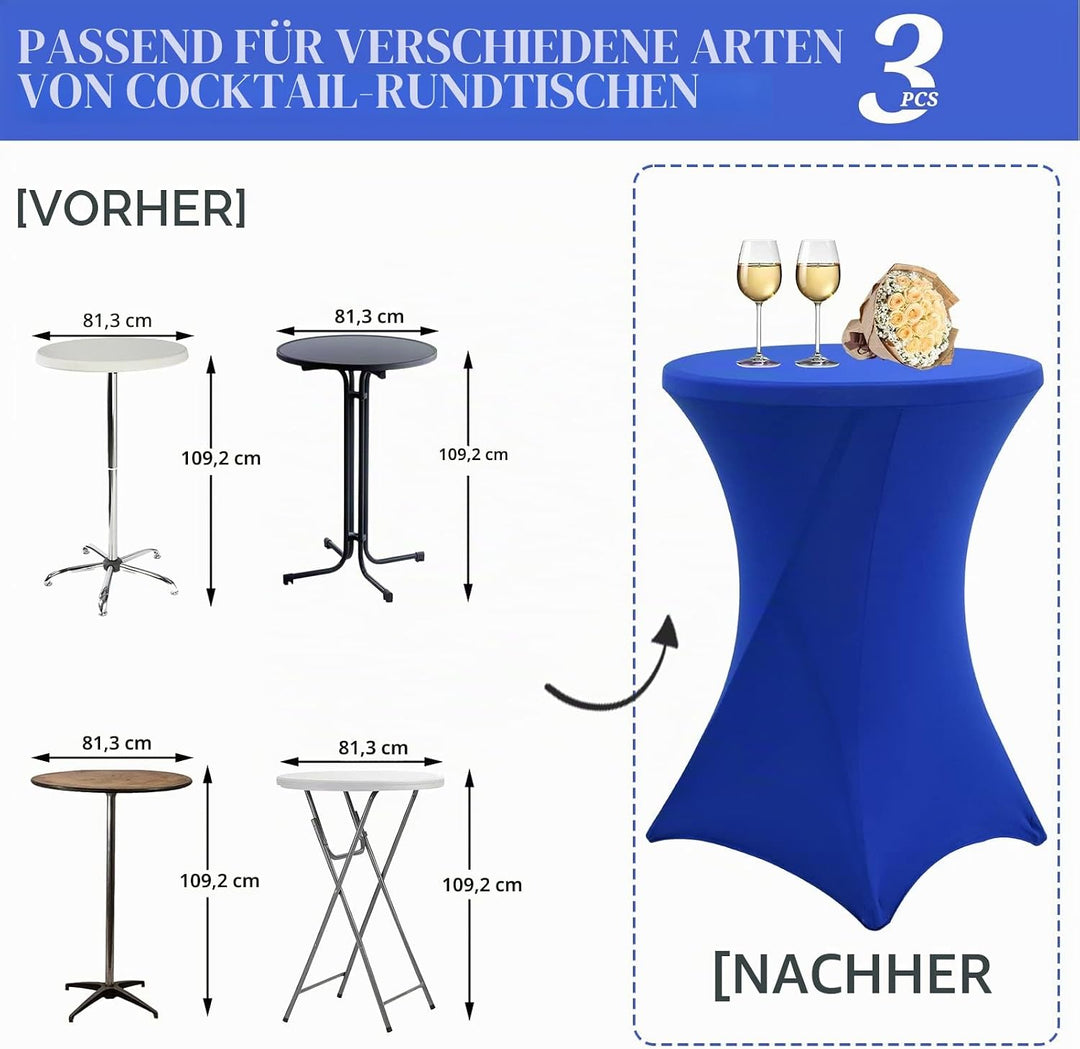 3 Packungen Blaue Cocktail-Tischabdeckung, rund, Spandex, 32 x 43 Zoll, rechteckige Cocktail-Ecken,