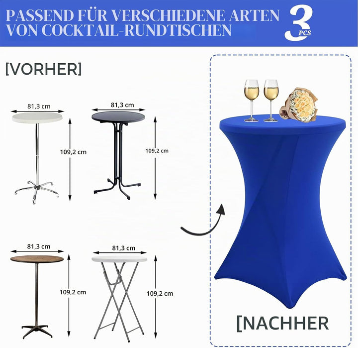 3 Packungen Blaue Cocktail-Tischabdeckung, rund, Spandex, 32 x 43 Zoll, rechteckige Cocktail-Ecken,