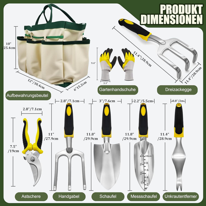 QRD Gartengeräte Set 8 in 1 Gartenwerkzeug mit Aufbewahrungstasche Gartenschaufel mit Gummigriff Gar