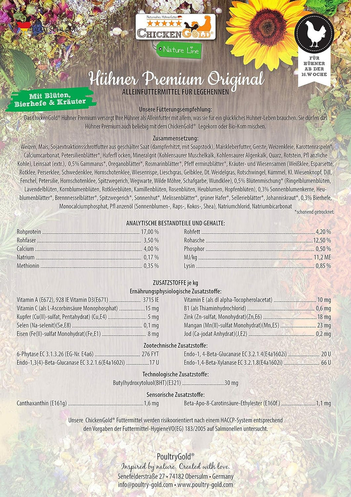 ChickenGold Hühner Premium Futter 2x10kg - ohne Gentechnik - mit Kräutern, Gemüse & Grit
